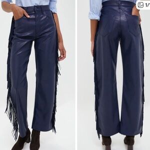 MOTHER Navy Leather Fringe Trousers